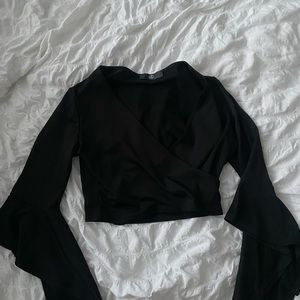 Missguided black vneck twist crop top with bell grill sleeves